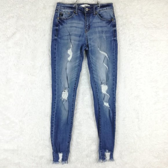 Kancan Womens Jeans Skinny Blue Stretch Ripped Medium Wash Mid‎ Rise Raw Hem 27 - Picture 1 of 14